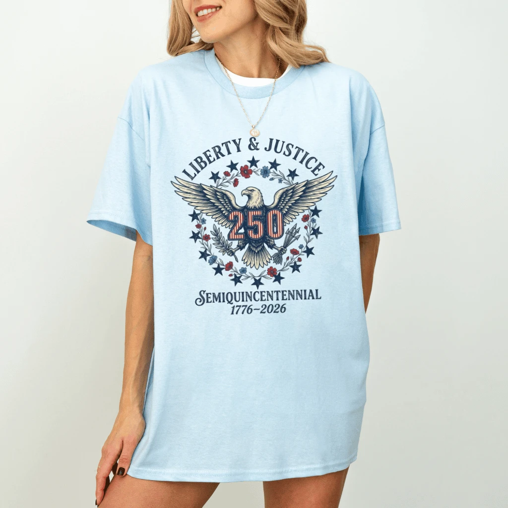 Liberty & Justice Eagle T-Shirt – USA 250th Anniversary 4th of July Gift for Semiquincentennial, Patriotic Tee - back view