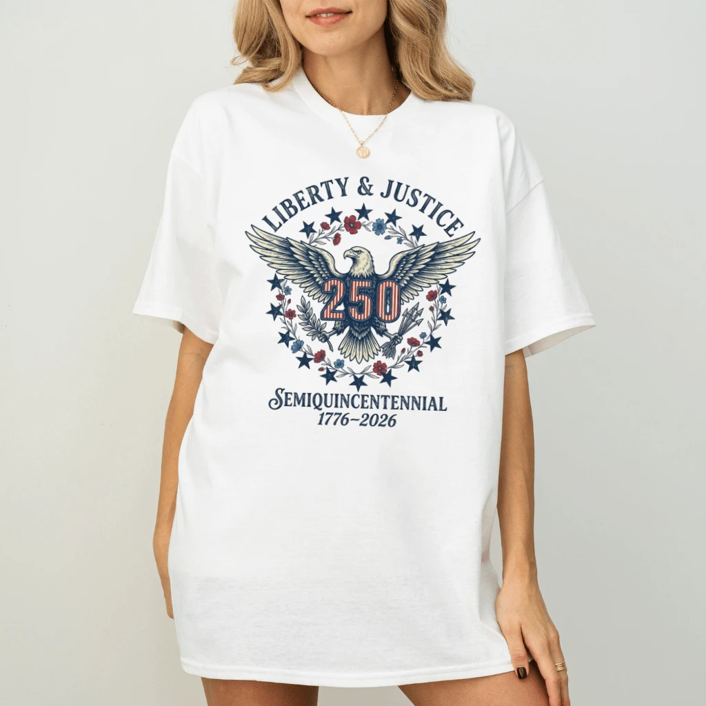 Liberty & Justice Eagle T-Shirt – USA 250th Anniversary 4th of July Gift for Semiquincentennial, Patriotic Tee - detail view