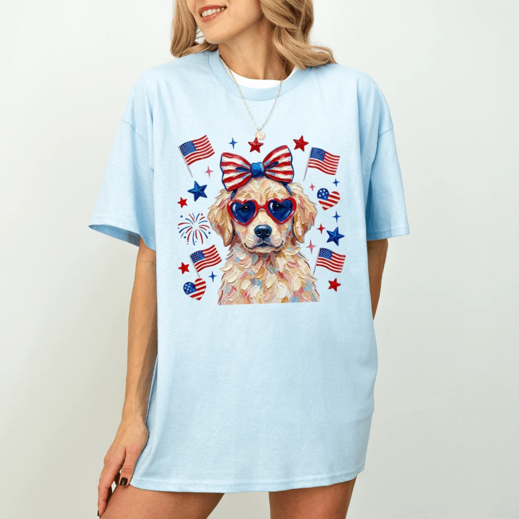 Patriotic Golden Retriever T-Shirt – Funny 4th of July Gift for Her, Coquette Bow Dog USA Tee - back view