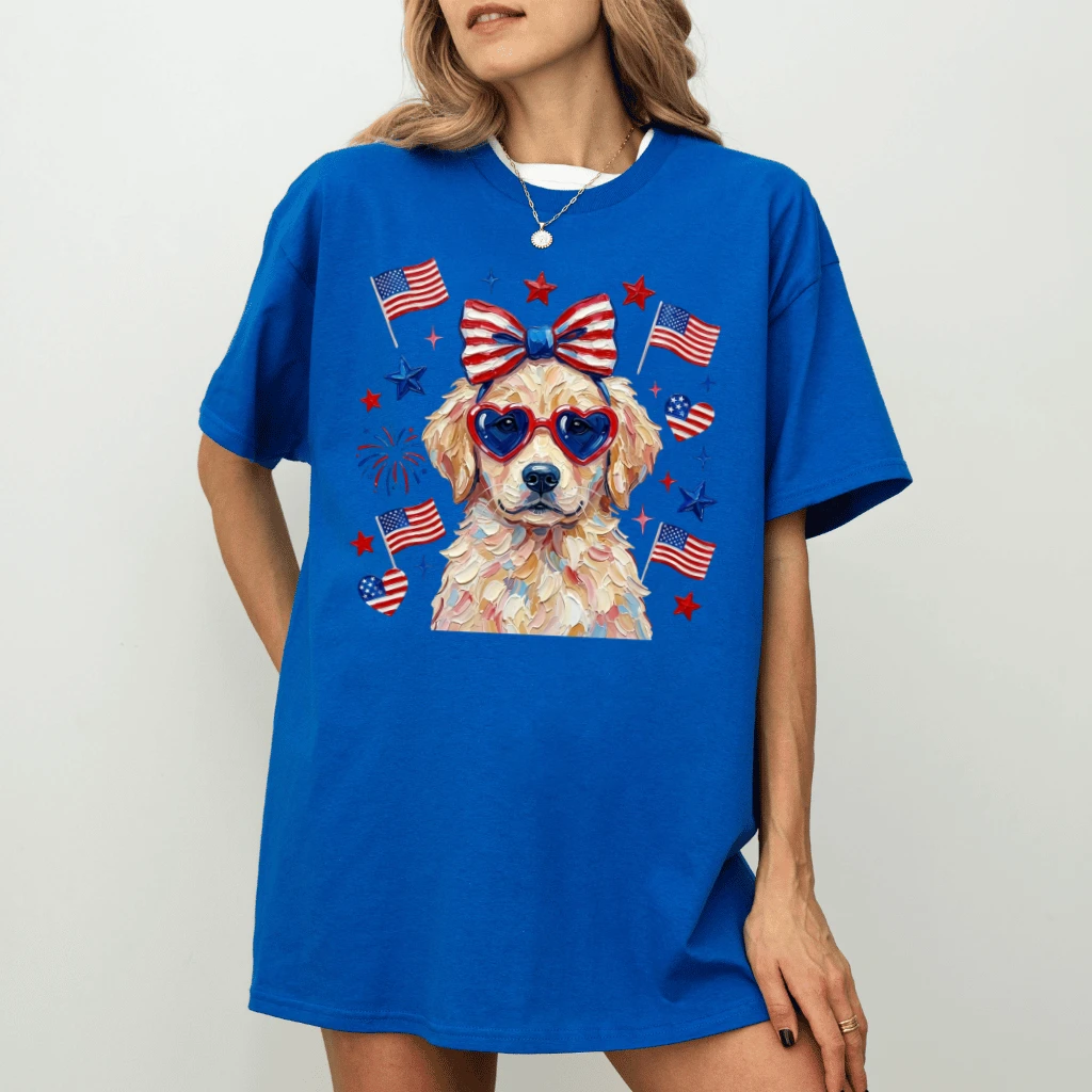 Patriotic Golden Retriever T-Shirt – Funny 4th of July Gift for Her, Coquette Bow Dog USA Tee - detail view