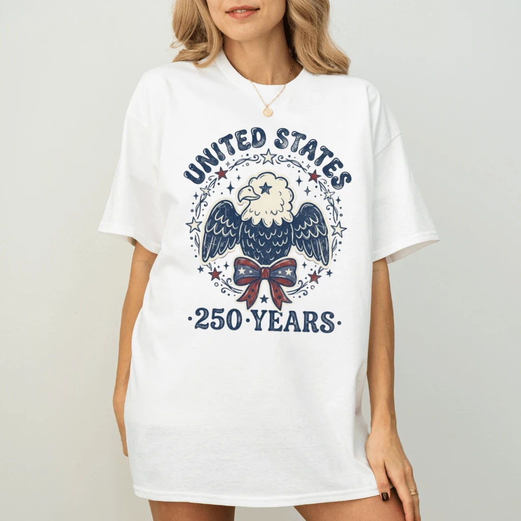 Patriotic Eagle 250 Years T-Shirt – 4th of July Gift for Her, Patriotic Coquette Bow USA Tee - detail view