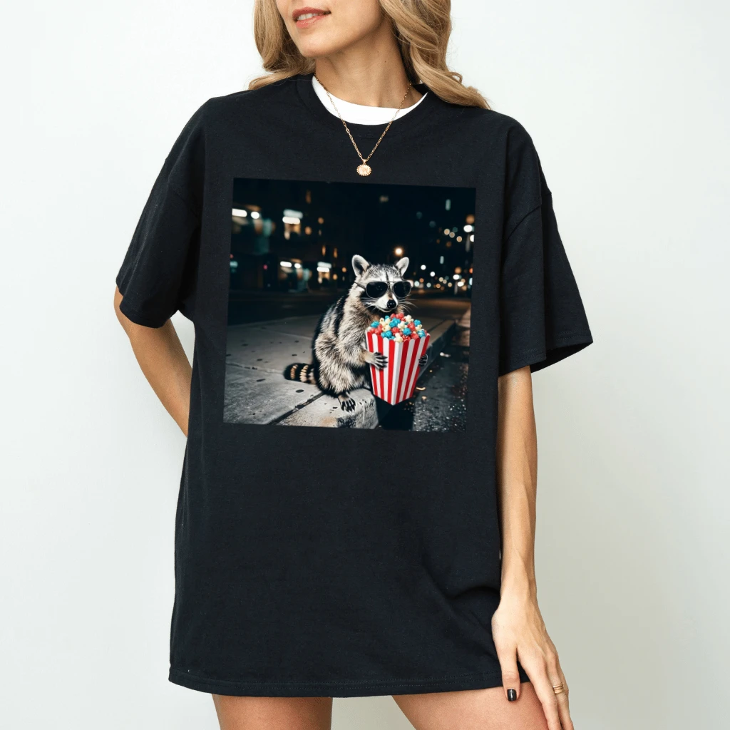 Funny Raccoon Popcorn T-Shirt – 4th of July Gift for Patriot , Patriotic USA Night Humor Wildlife Tee - back view