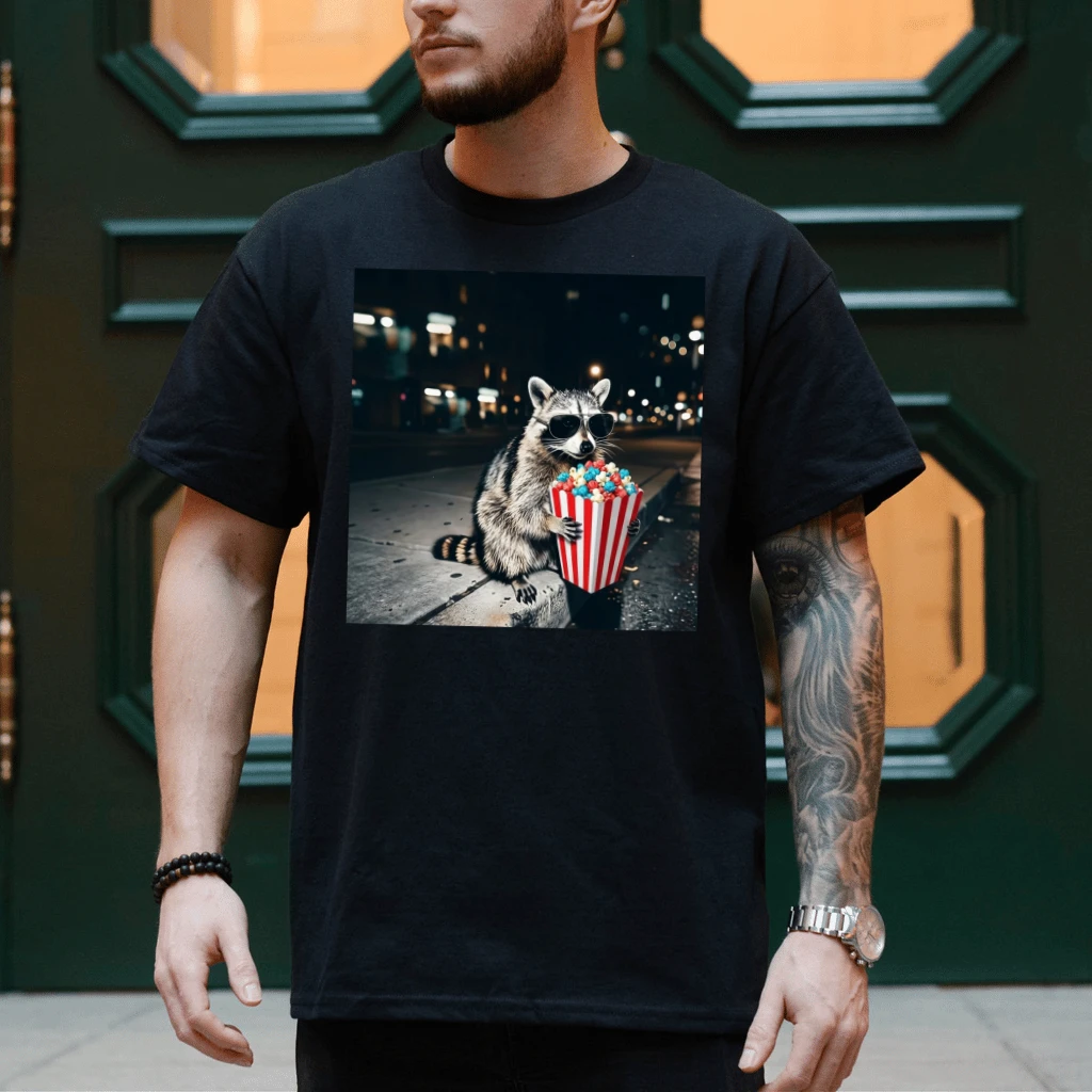 Funny Raccoon Popcorn T-Shirt – 4th of July Gift for Patriot , Patriotic USA Night Humor Wildlife Tee - detail view