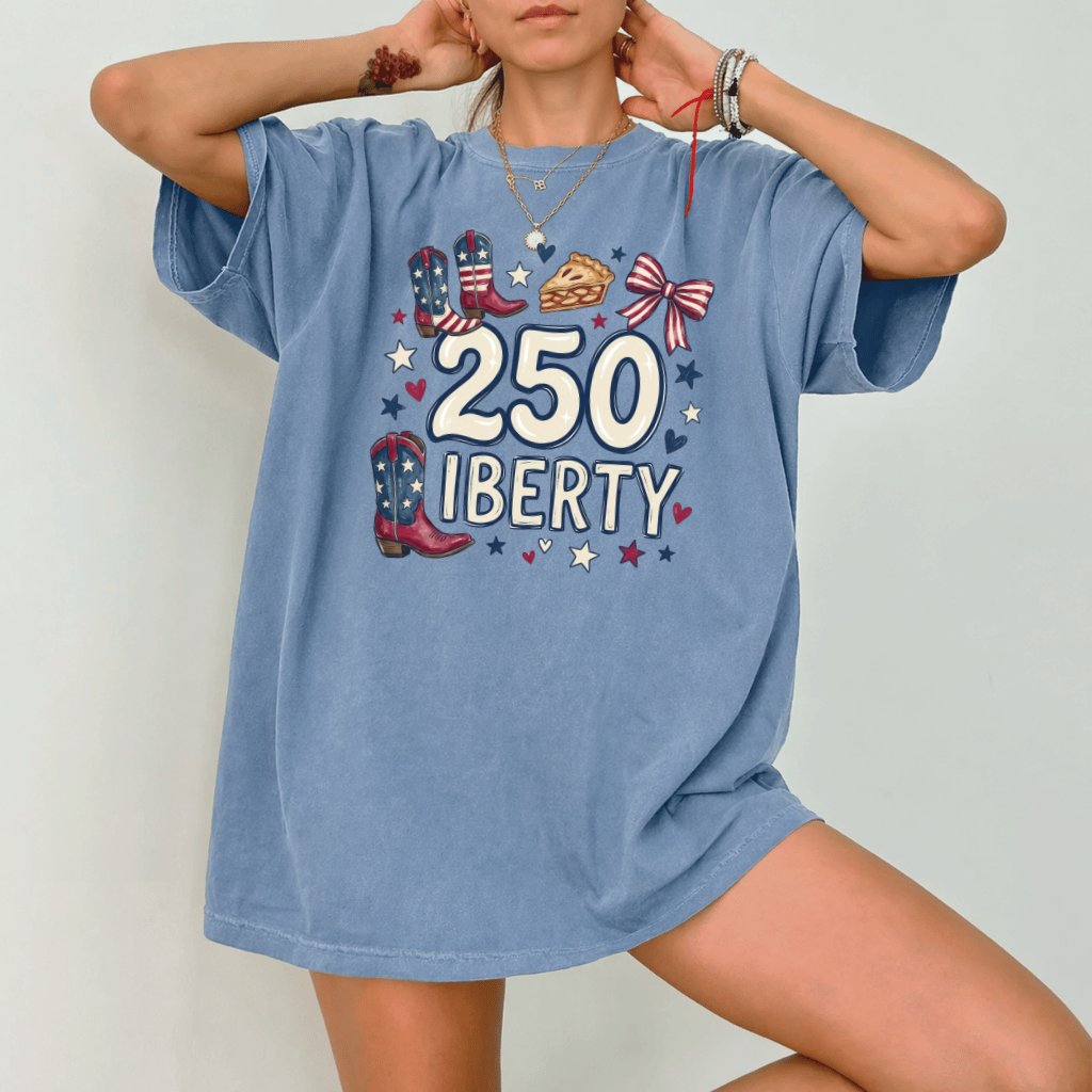 Liberty USA Comfort Colors Shirt – 4th of July Gift for Her, Patriotic Cowboy Boot Apple Pie Coquette Tee - back view