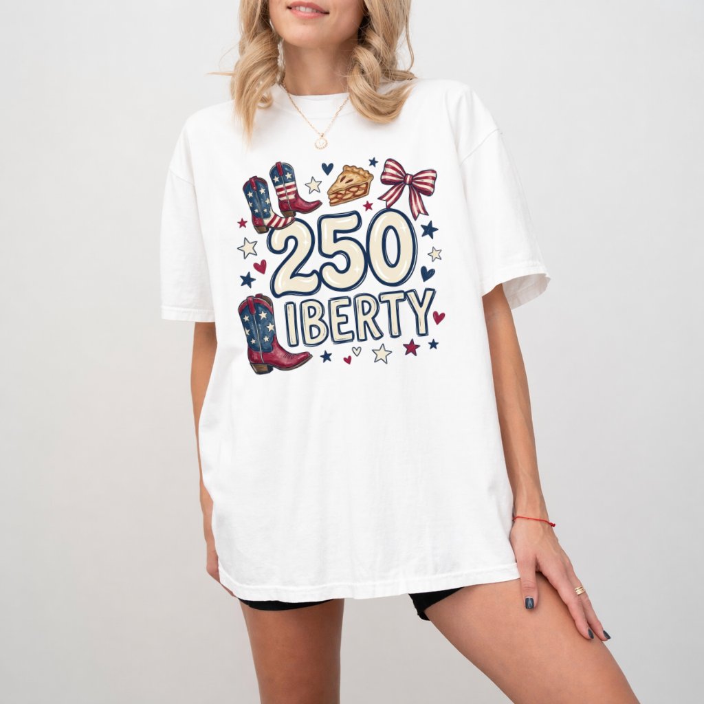 Liberty USA Comfort Colors Shirt – 4th of July Gift for Her, Patriotic Cowboy Boot Apple Pie Coquette Tee - detail view