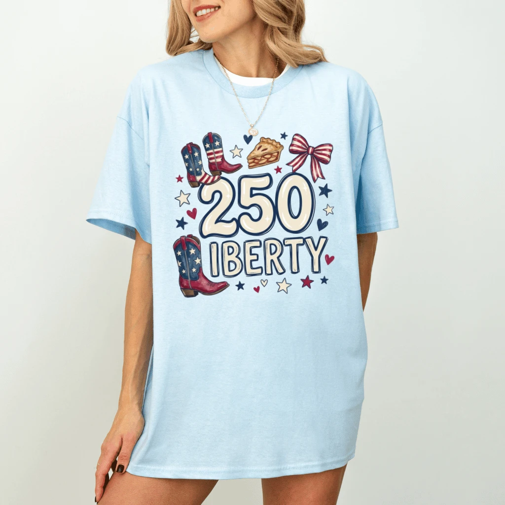 Liberty USA T-Shirt – 4th of July Gift for Her, Patriotic Cowboy Boot Apple Pie Coquette Tee - back view