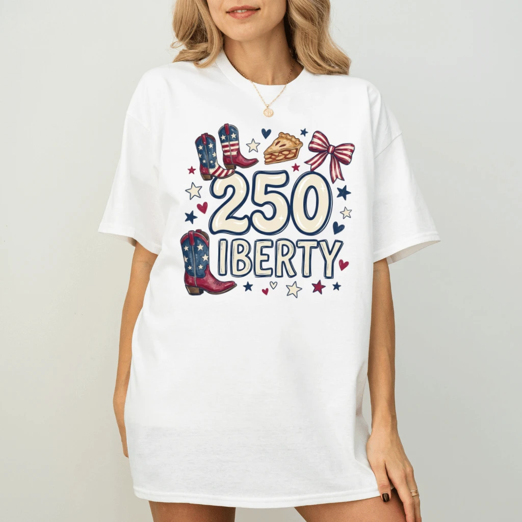 Liberty USA T-Shirt – 4th of July Gift for Her, Patriotic Cowboy Boot Apple Pie Coquette Tee - detail view