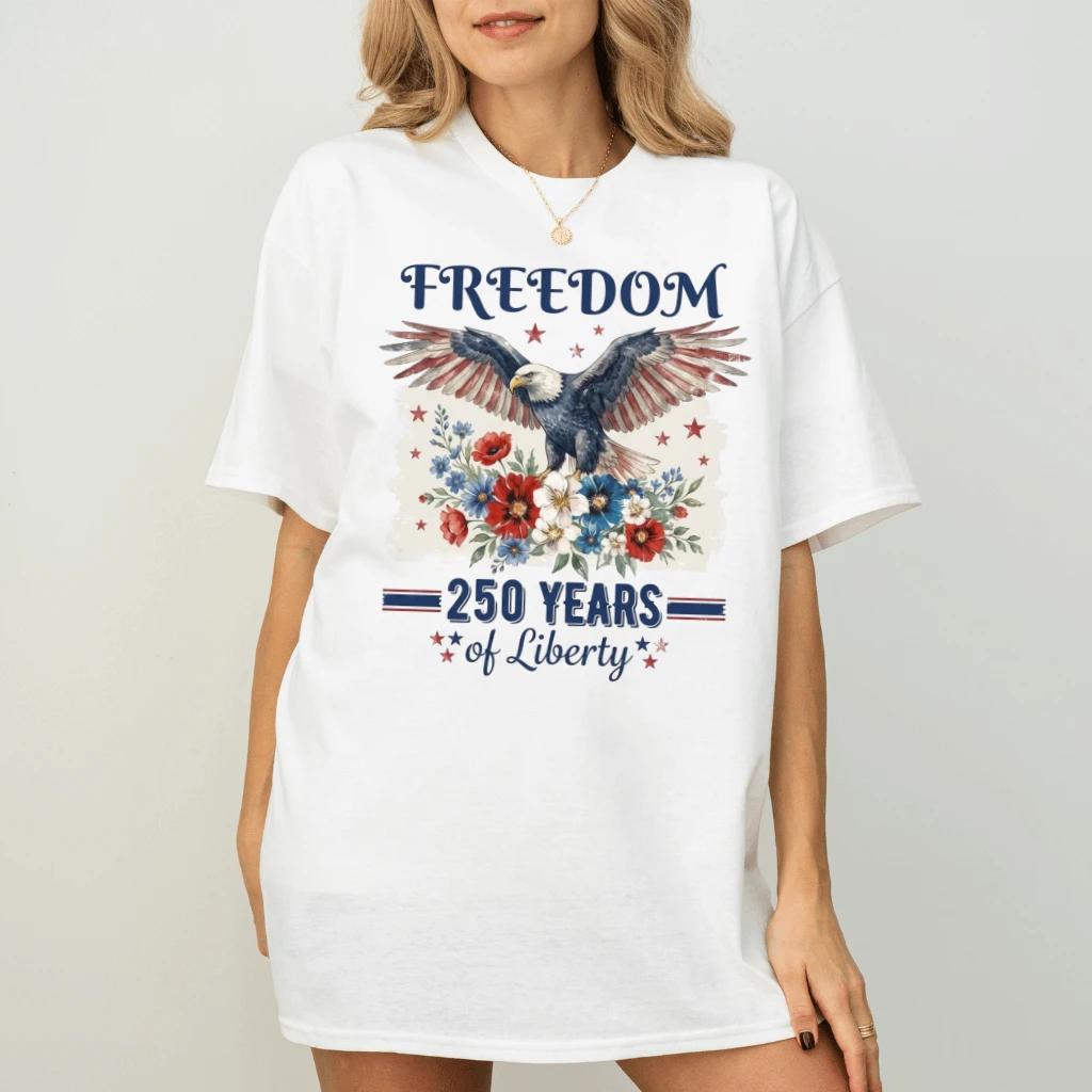 Patriotic Eagle 250 Years of Liberty T-Shirt – 4th of July Gift for Her, Patriotic Floral USA Tee - detail view