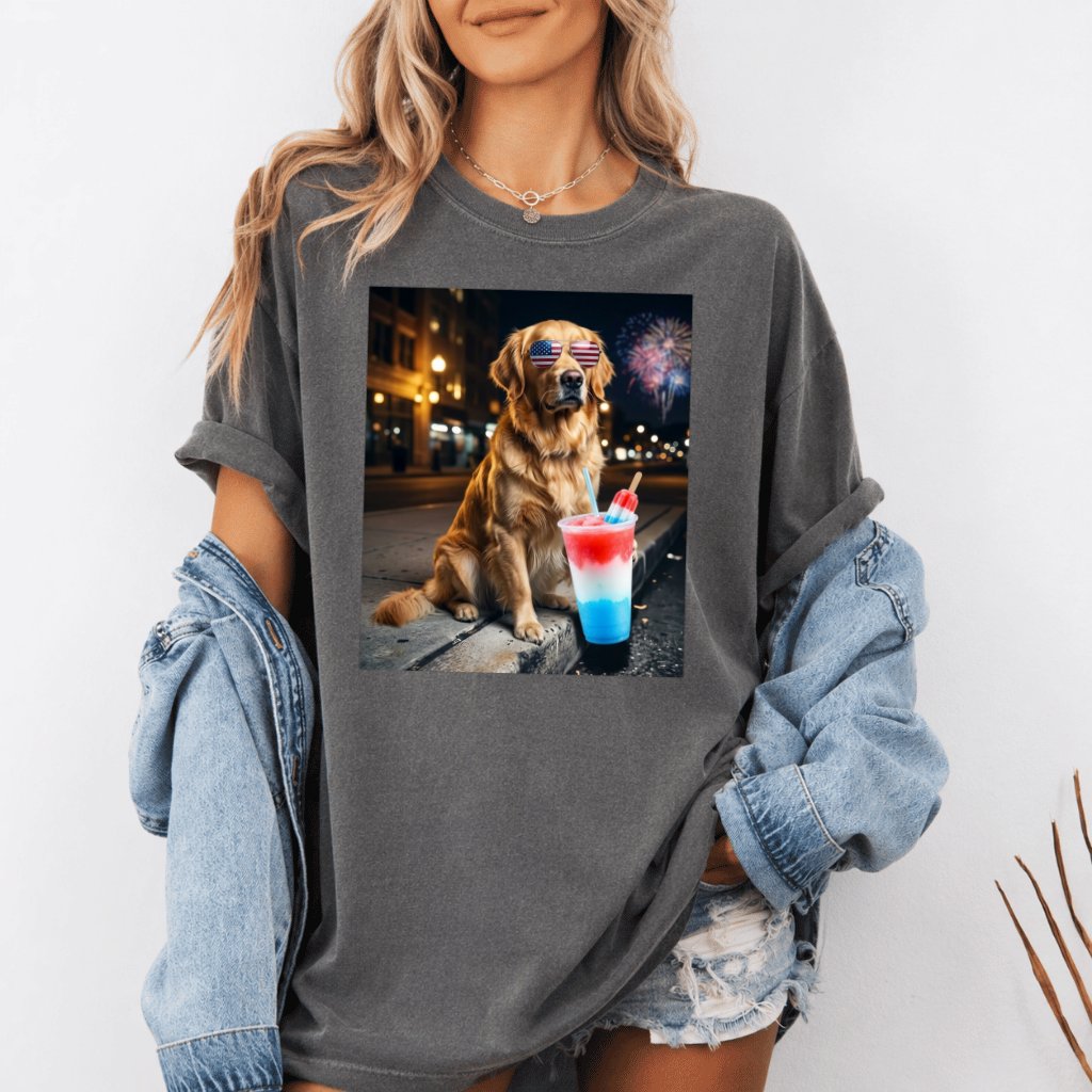 Funny Patriotic Golden Retriever Comfort Colors Shirt – 4th of July Gift for Patriot, USA Tee - detail view