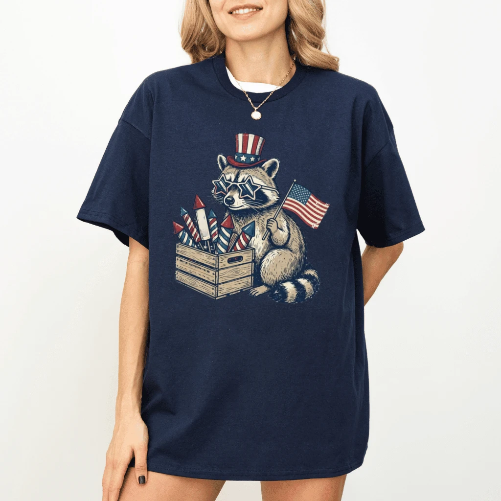 Patriotic Raccoon T-Shirt – Funny 4th of July Gift for Patriot, Patriotic Fireworks USA Humor Tee - back view