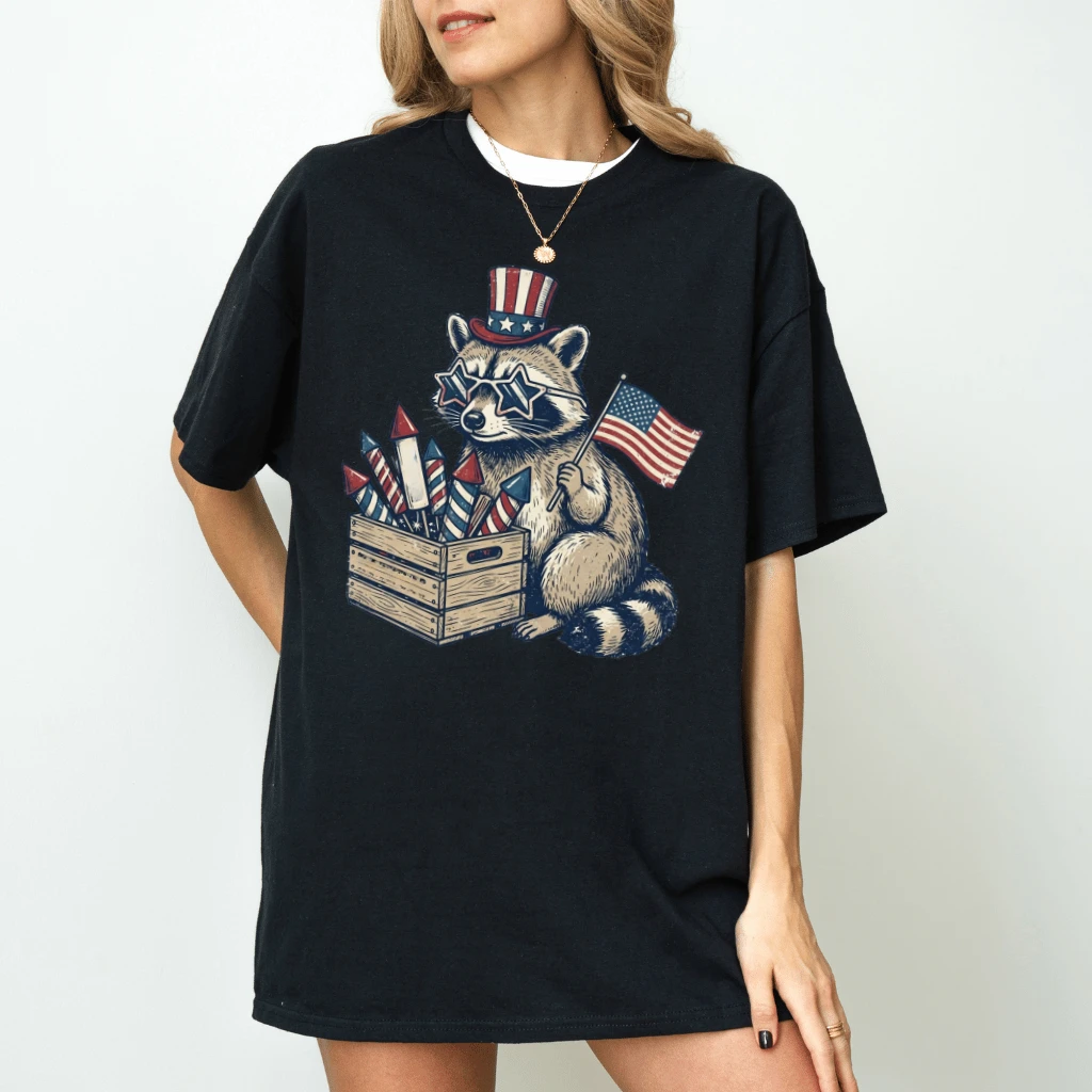 Patriotic Raccoon T-Shirt – Funny 4th of July Gift for Patriot, Patriotic Fireworks USA Humor Tee - detail view
