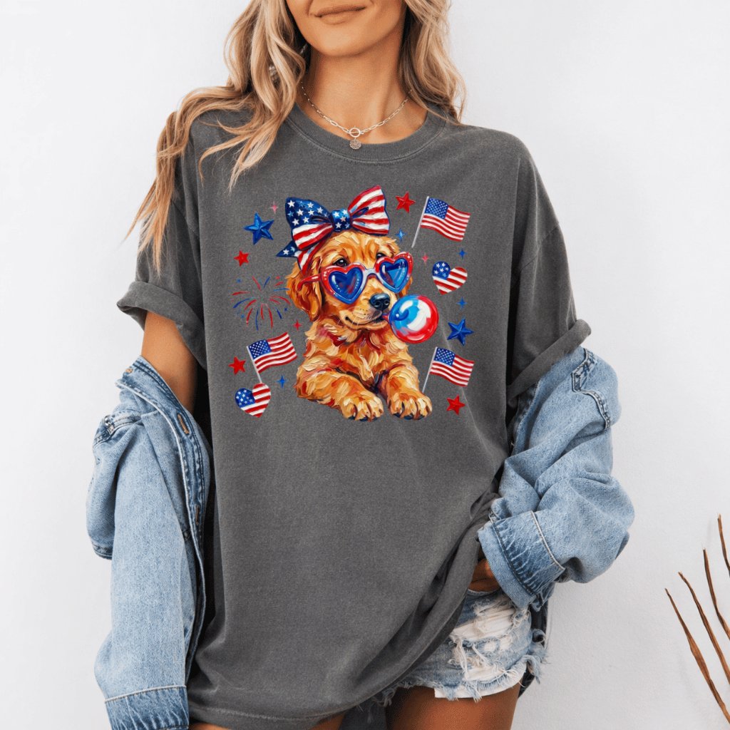 Patriotic Golden Retriever Coquette Comfort Colors Shirt – Funny 4th of July Gift for Her, USA Tee - detail view