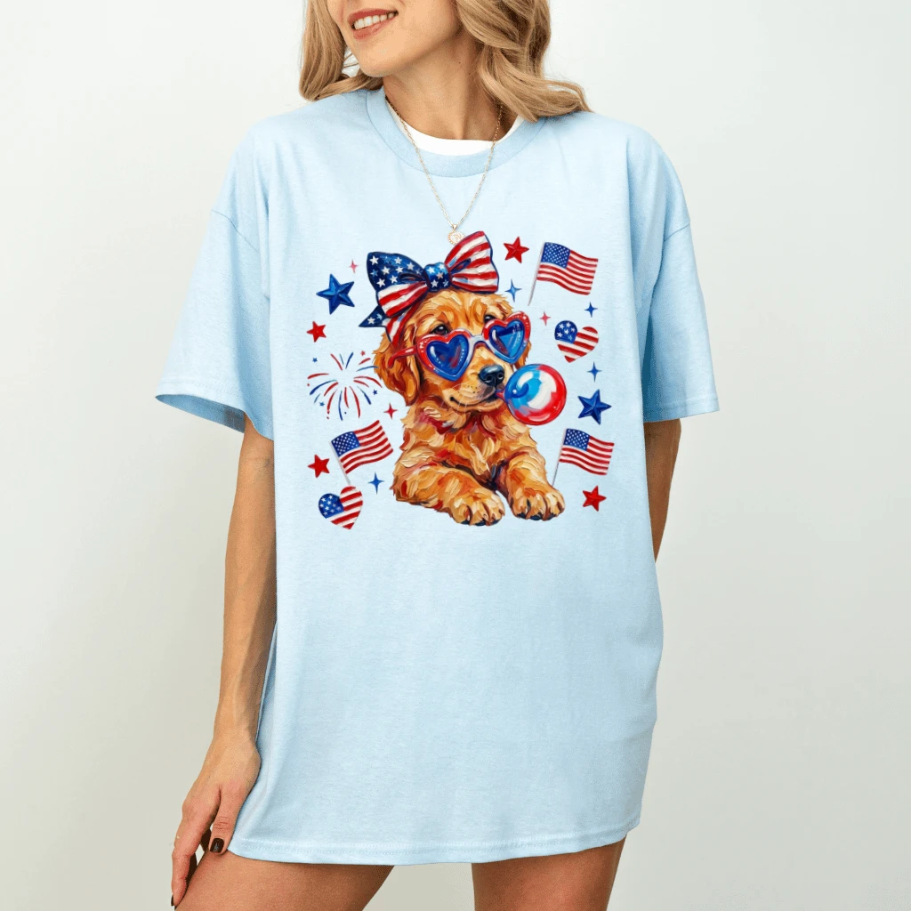 Patriotic Golden Retriever Coquette T-shirt – Funny 4th of July Gift for Her, USA Tee - back view