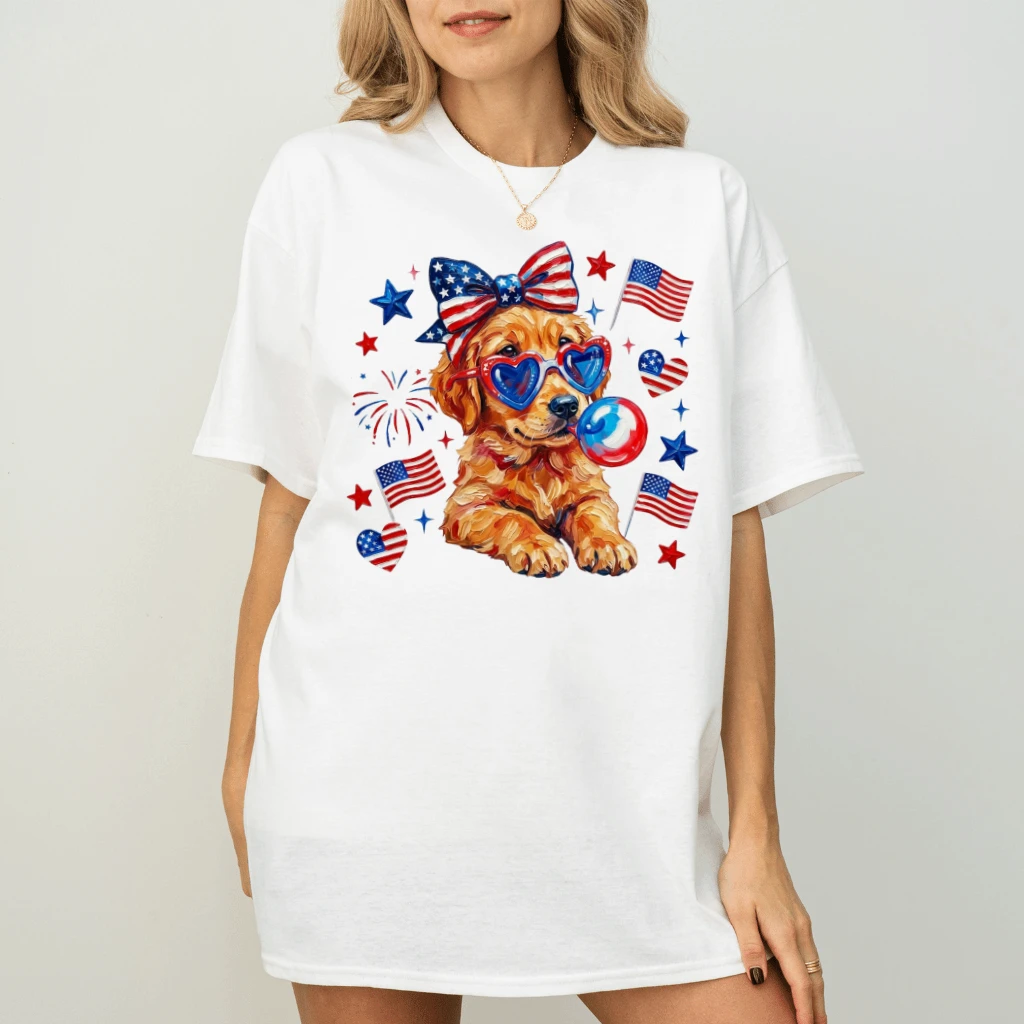 Patriotic Golden Retriever Coquette T-shirt – Funny 4th of July Gift for Her, USA Tee - detail view