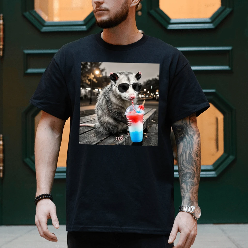 Funny Possum T-Shirt – 4th of July Gift for Patriot, Patriotic USA Night Humor Wildlife Tee - detail view