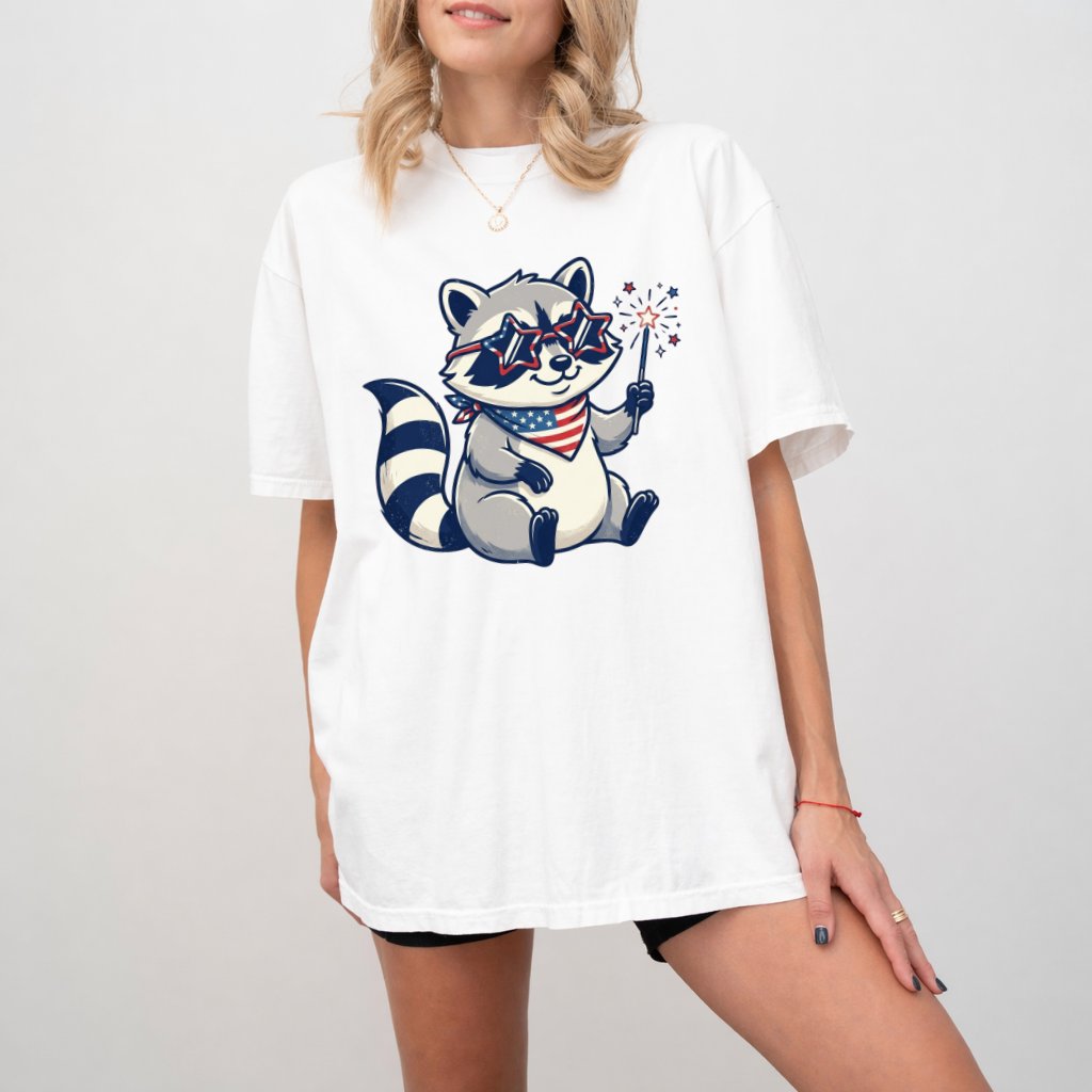 Cute Raccoon Comfort Colors Shirt – 4th of July Gift for Patriot, Patriotic USA Sparkler Tee - detail view