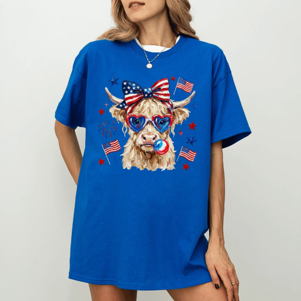 Patriotic Highland Cow T-Shirt – Funny 4th of July Gift for Patriot, USA Fireworks Tee - back view