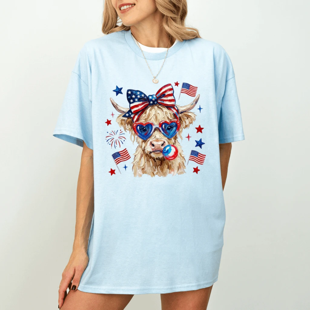 Patriotic Highland Cow T-Shirt – Funny 4th of July Gift for Patriot, USA Fireworks Tee - detail view