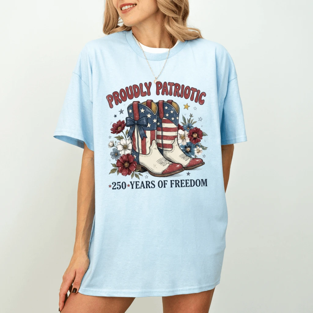 Proudly Patriotic Boots T-Shirt – USA 250 Years 4th of July Gift for Her, Floral Freedom Tee - back view