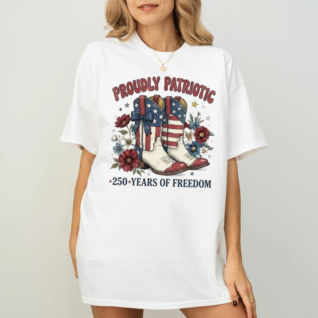 Proudly Patriotic Boots T-Shirt – USA 250 Years 4th of July Gift for Her, Floral Freedom Tee - detail view