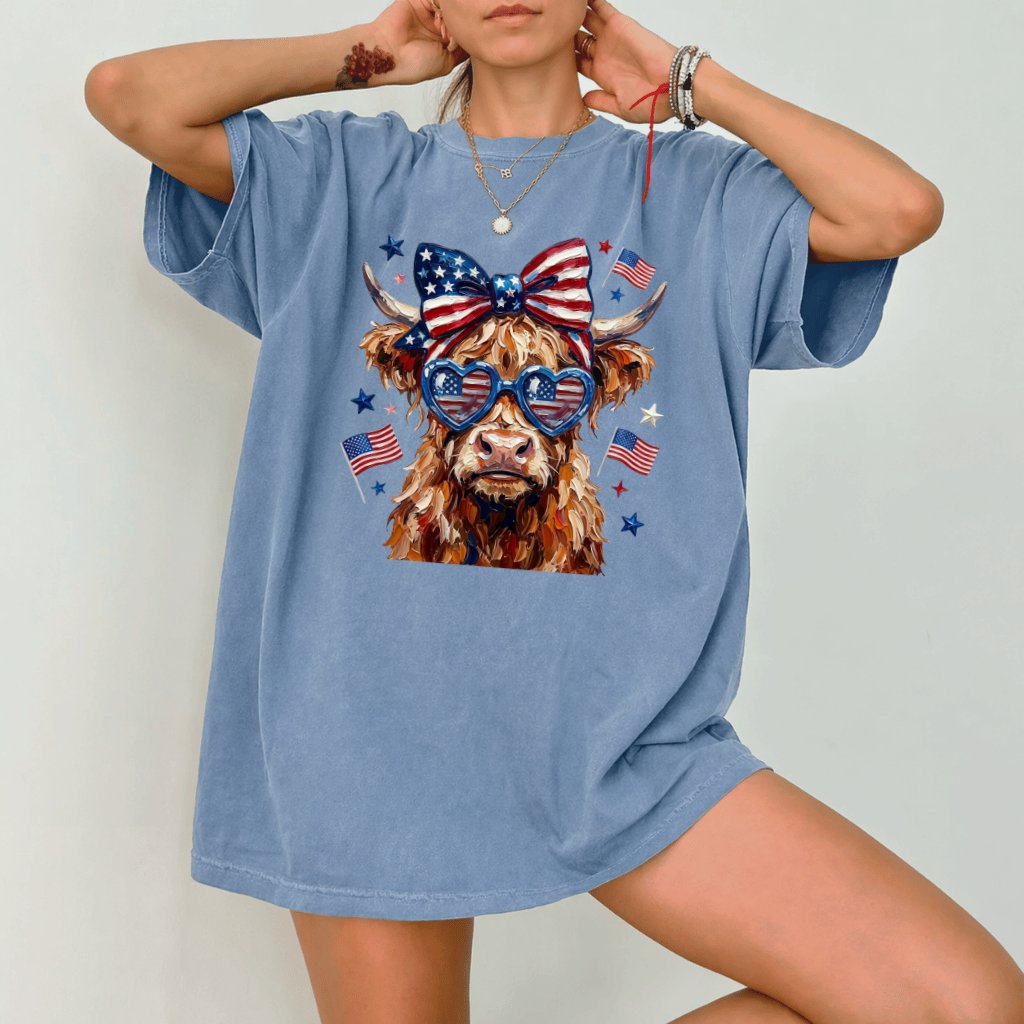 Highland Cow Coquette Bow Comfort Colors Shirt – Funny 4th of July Gift for Her, Patriotic Tee - back view