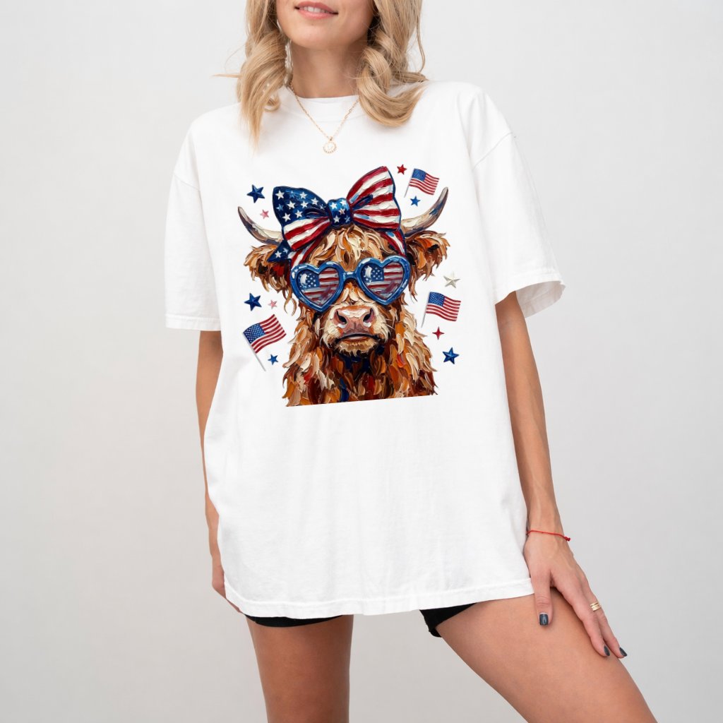 Highland Cow Coquette Bow Comfort Colors Shirt – Funny 4th of July Gift for Her, Patriotic Tee - detail view