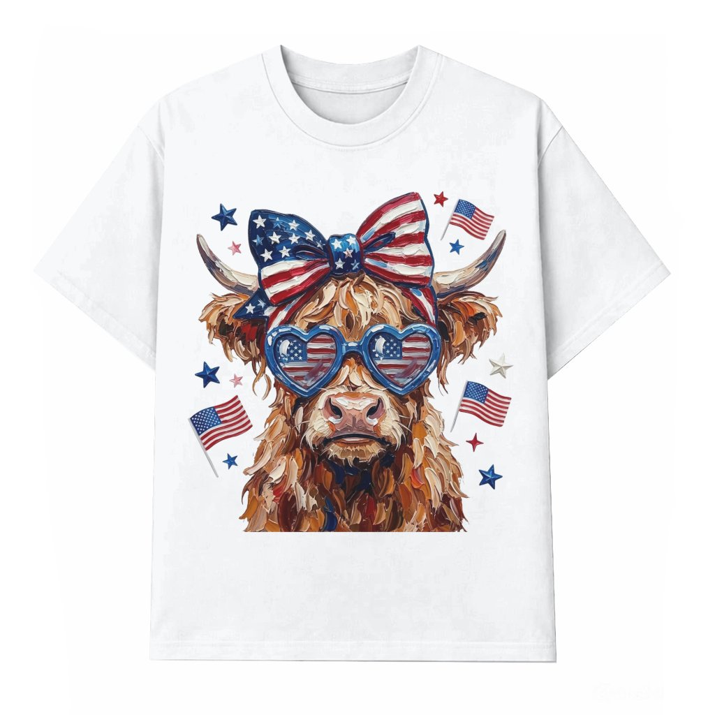 Highland Cow Coquette Bow T-Shirt – Funny 4th of July Gift for Her, Patriotic Tee - front view