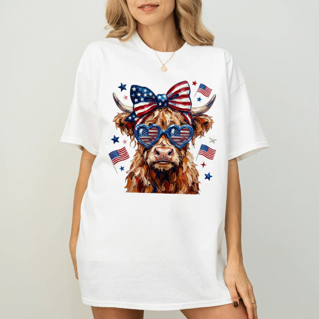 Highland Cow Coquette Bow T-Shirt – Funny 4th of July Gift for Her, Patriotic Tee - back view