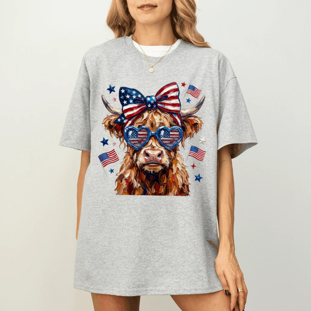 Highland Cow Coquette Bow T-Shirt – Funny 4th of July Gift for Her, Patriotic Tee - detail view