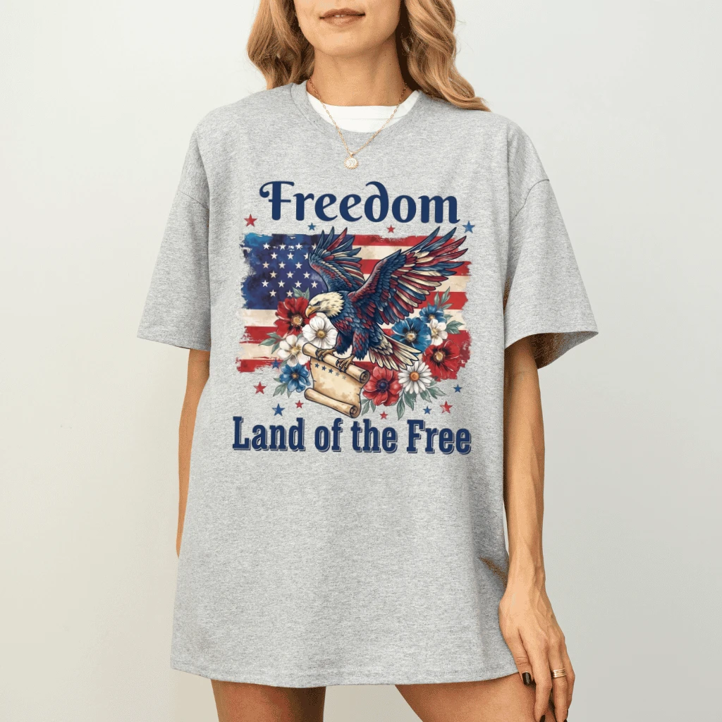 Freedom Eagle Land of the Free T-Shirt – 4th of July Gift for Patriot, Patriotic Floral USA Flag Tee - detail view