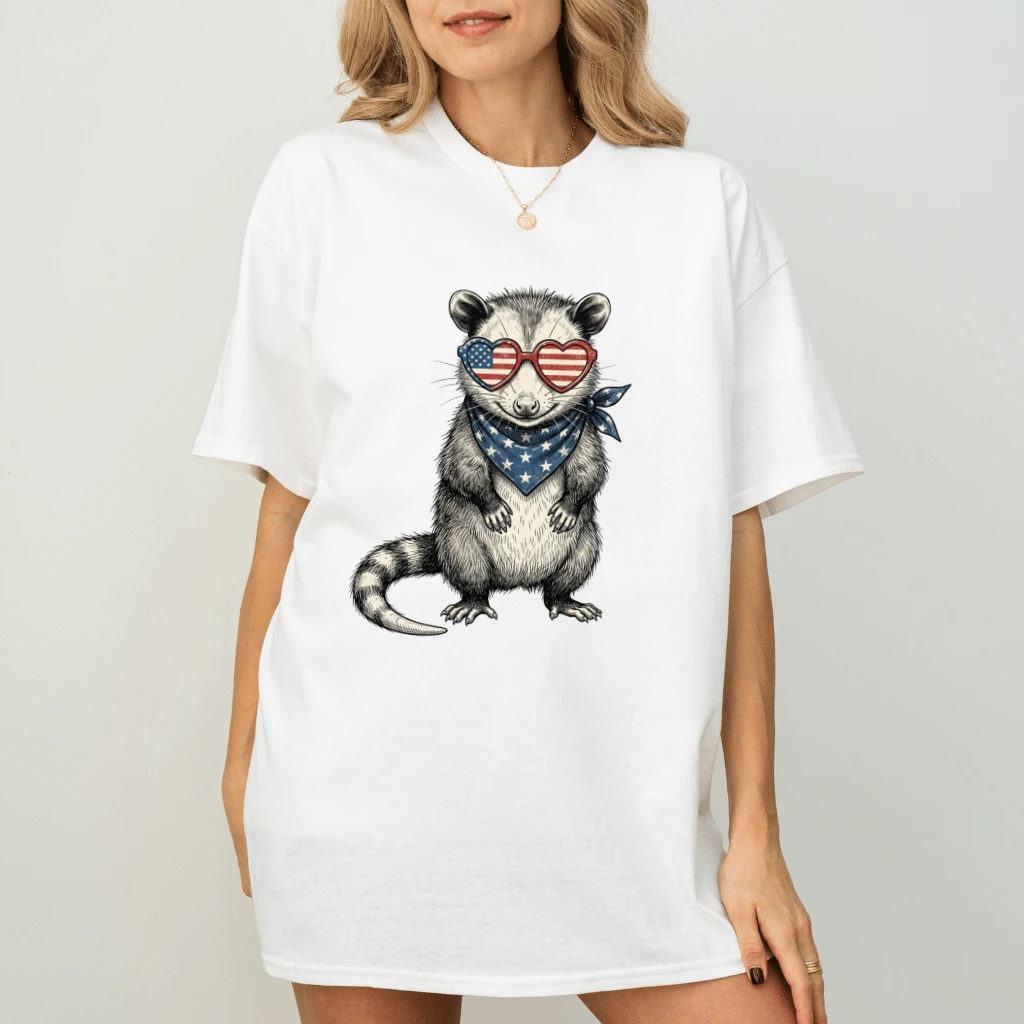 Funny Possum With Bandana T-Shirt – 4th of July Gift for Patriot, Patriotic USA Wildlife Tee - detail view