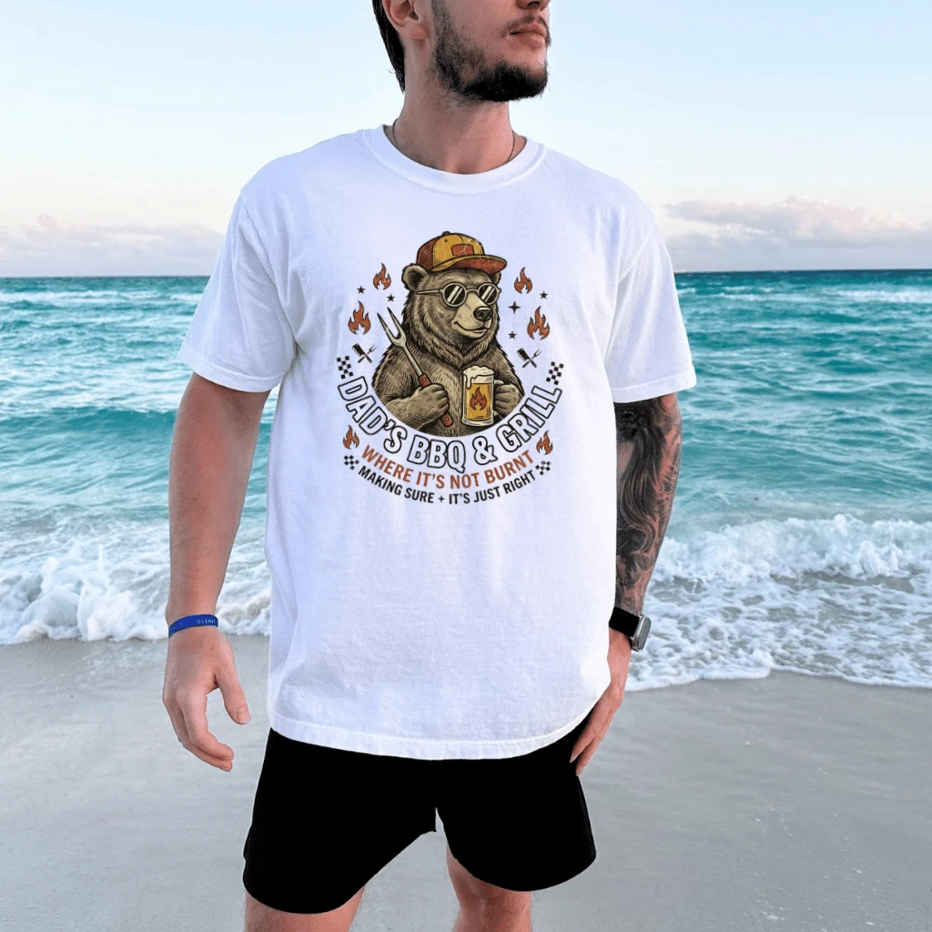 Dad's BBQ & Grill Bear T-Shirt – Funny Father's Day Gift for Dad, Grill Dad Tee - detail view