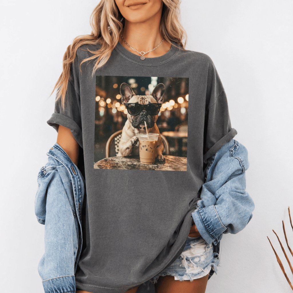 Funny French Bulldog Boba Tea Comfort Colors Shirt – Gift for Dog Mom, Cute Dog Lover Street Tee - detail view
