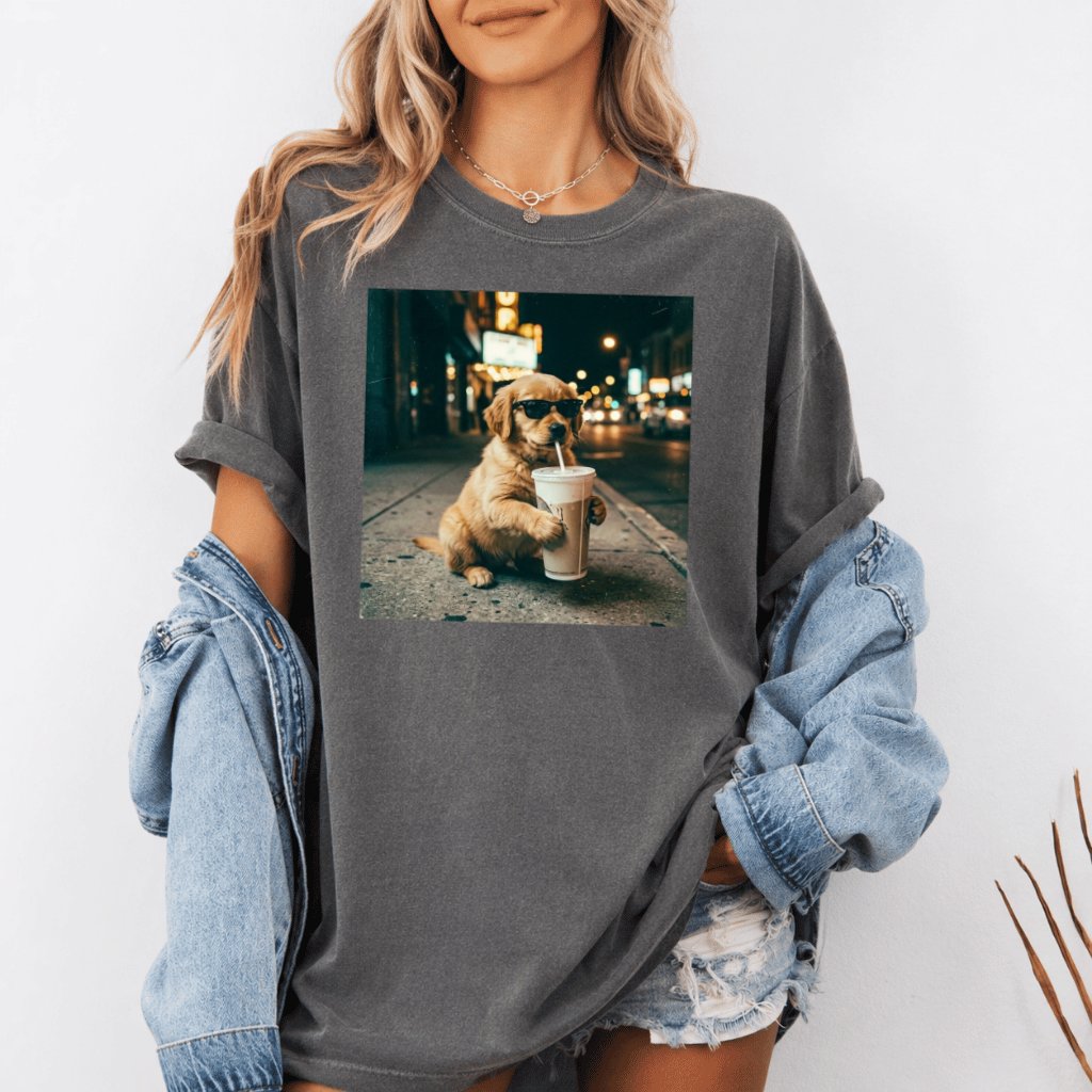 Funny Golden Retriever Iced Coffee Comfort Colors Shirt – Gift for Dog Mom, Cute Dog Lover Tee - detail view