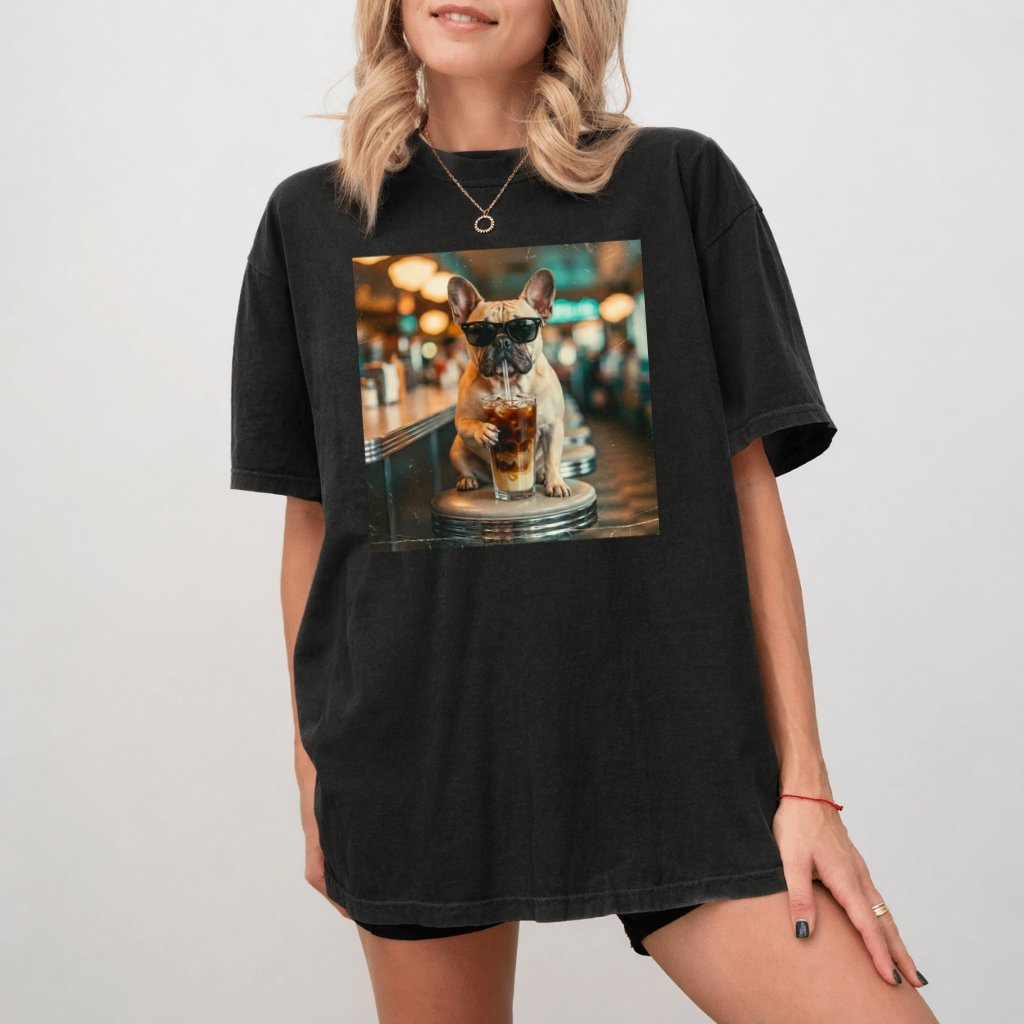 Funny French Bulldog Coffee Comfort Colors Shirt – Gift for Dog Mom, Cute Dog Lover Tee - detail view
