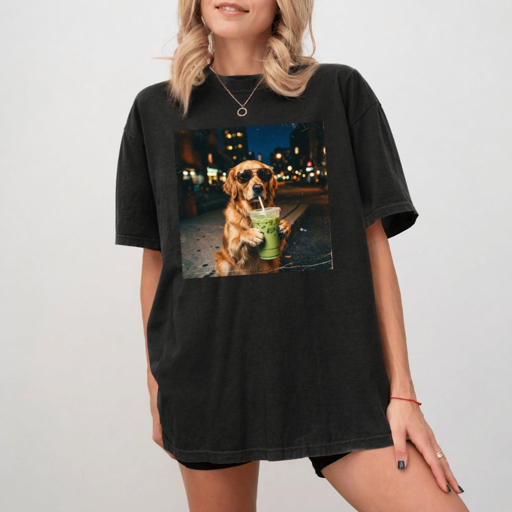 Golden Retriever Matcha Drink Comfort Colors Shirt – Funny Gift for Dog Mom, Cute Dog Lover Summer Tee - detail view