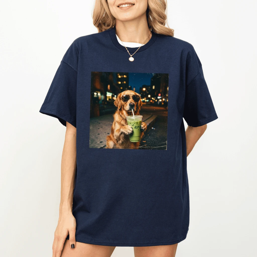 Golden Retriever Matcha Drink T-Shirt – Funny Gift for Dog Mom, Cute Dog Lover Summer Tee - detail view