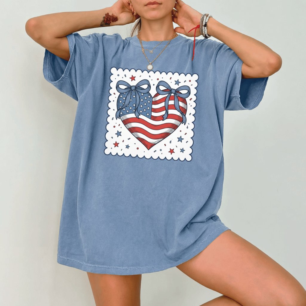 USA Heart Flag Coquette Bow Comfort Colors Shirt – 4th of July Gift for Her, Patriotic America 250th Tee - back view