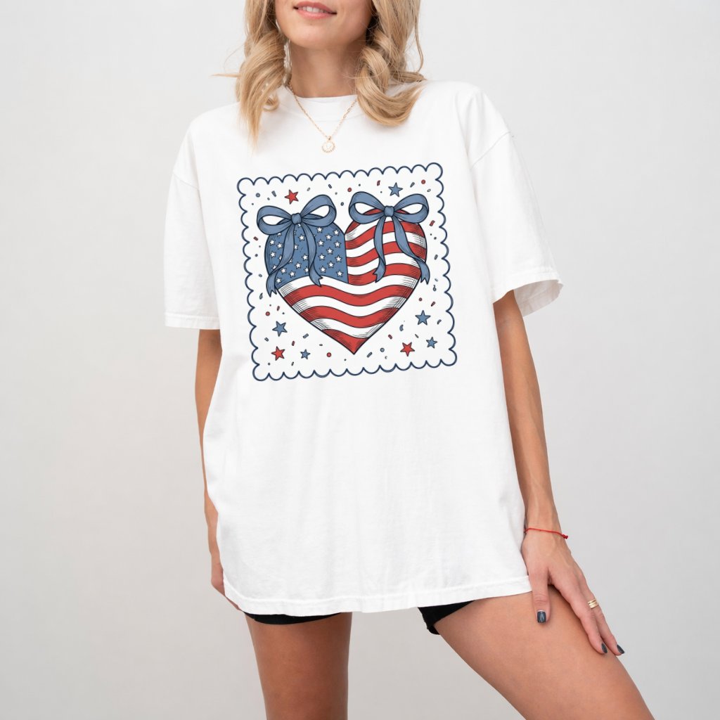 USA Heart Flag Coquette Bow Comfort Colors Shirt – 4th of July Gift for Her, Patriotic America 250th Tee - detail view
