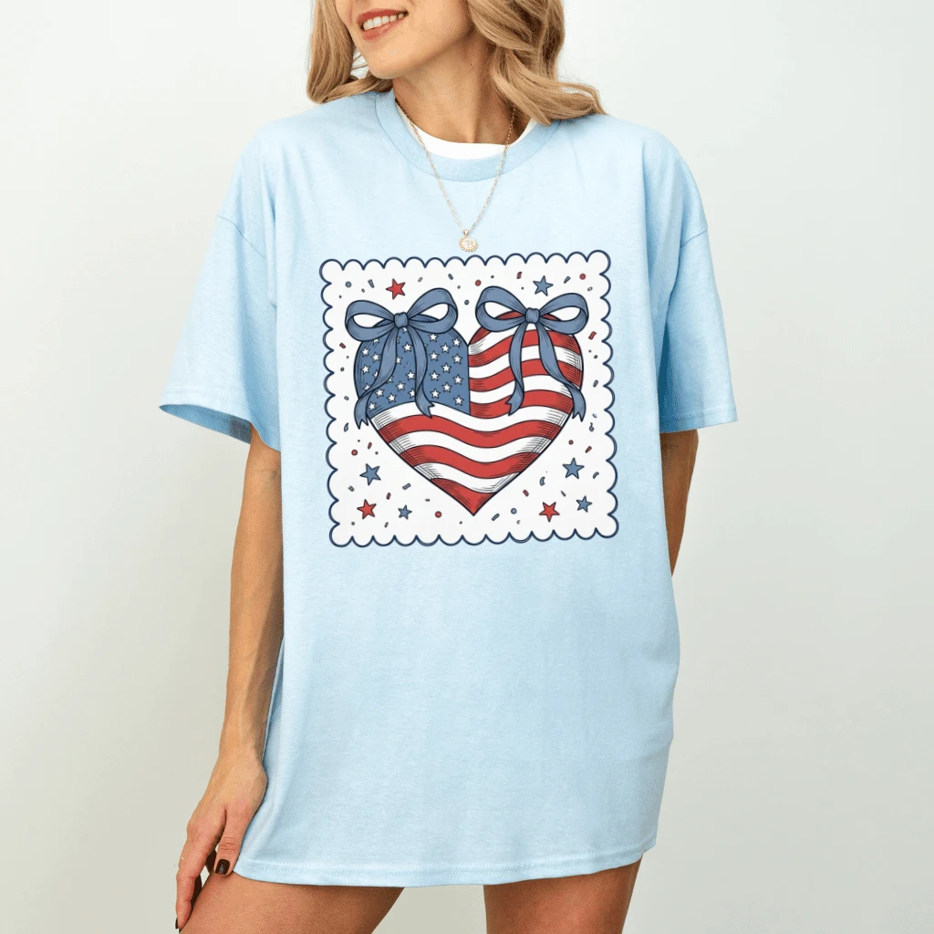 USA Heart Flag Coquette Bow T-Shirt – 4th of July Gift for Her, Patriotic America 250th Tee - back view