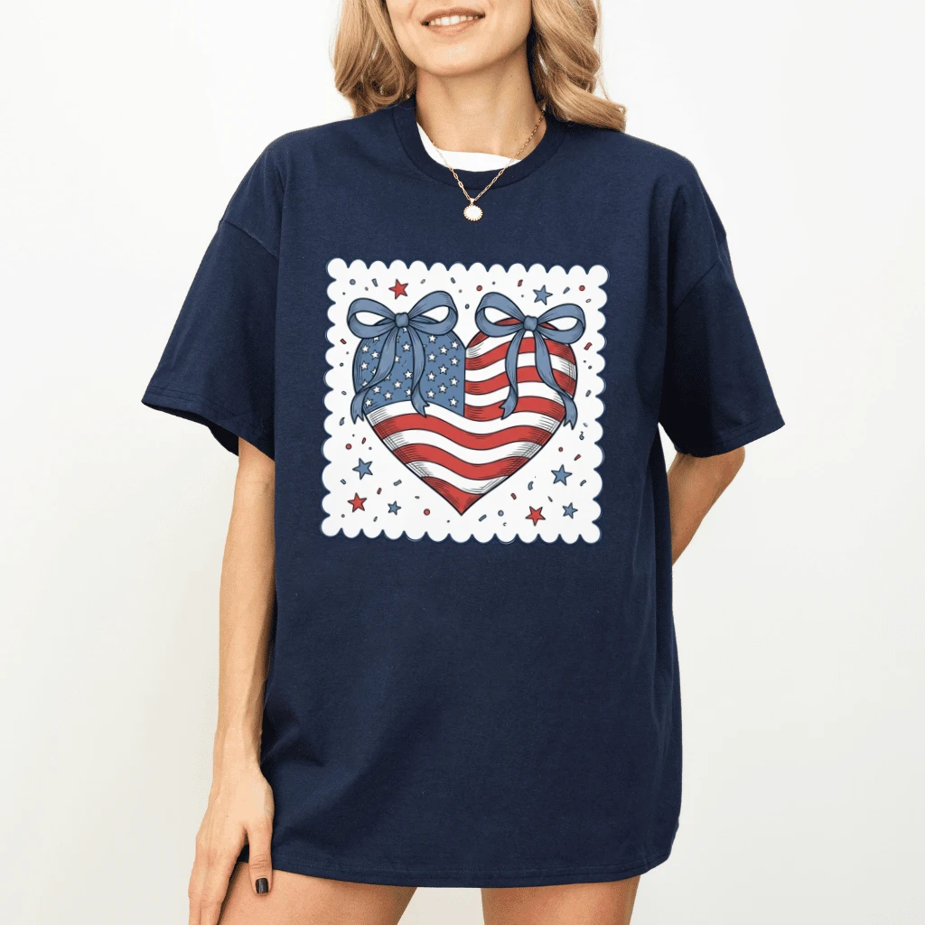 USA Heart Flag Coquette Bow T-Shirt – 4th of July Gift for Her, Patriotic America 250th Tee - detail view