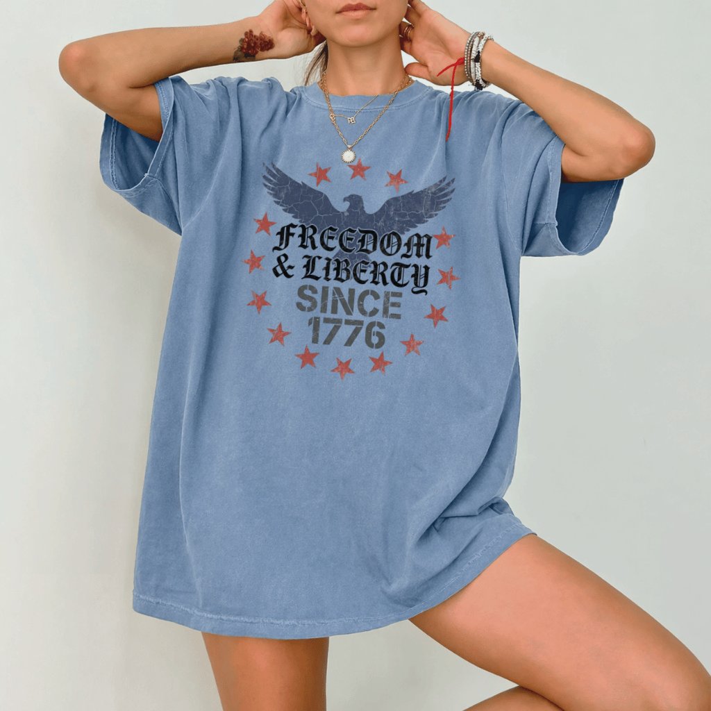 Freedom & Liberty Since 1776 Comfort Colors Shirt – 4th of July Gift for Patriot, Patriotic Eagle USA 250th Tee - detail view