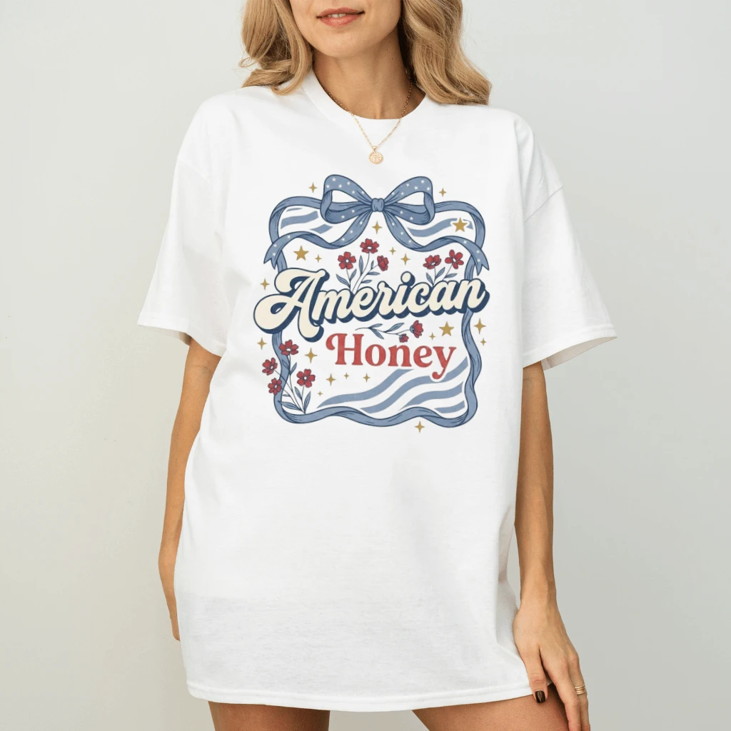 American Honey Coquette Bow T-Shirt – 4th of July Gift for Her, Patriotic Floral USA Aesthetic Tee - back view