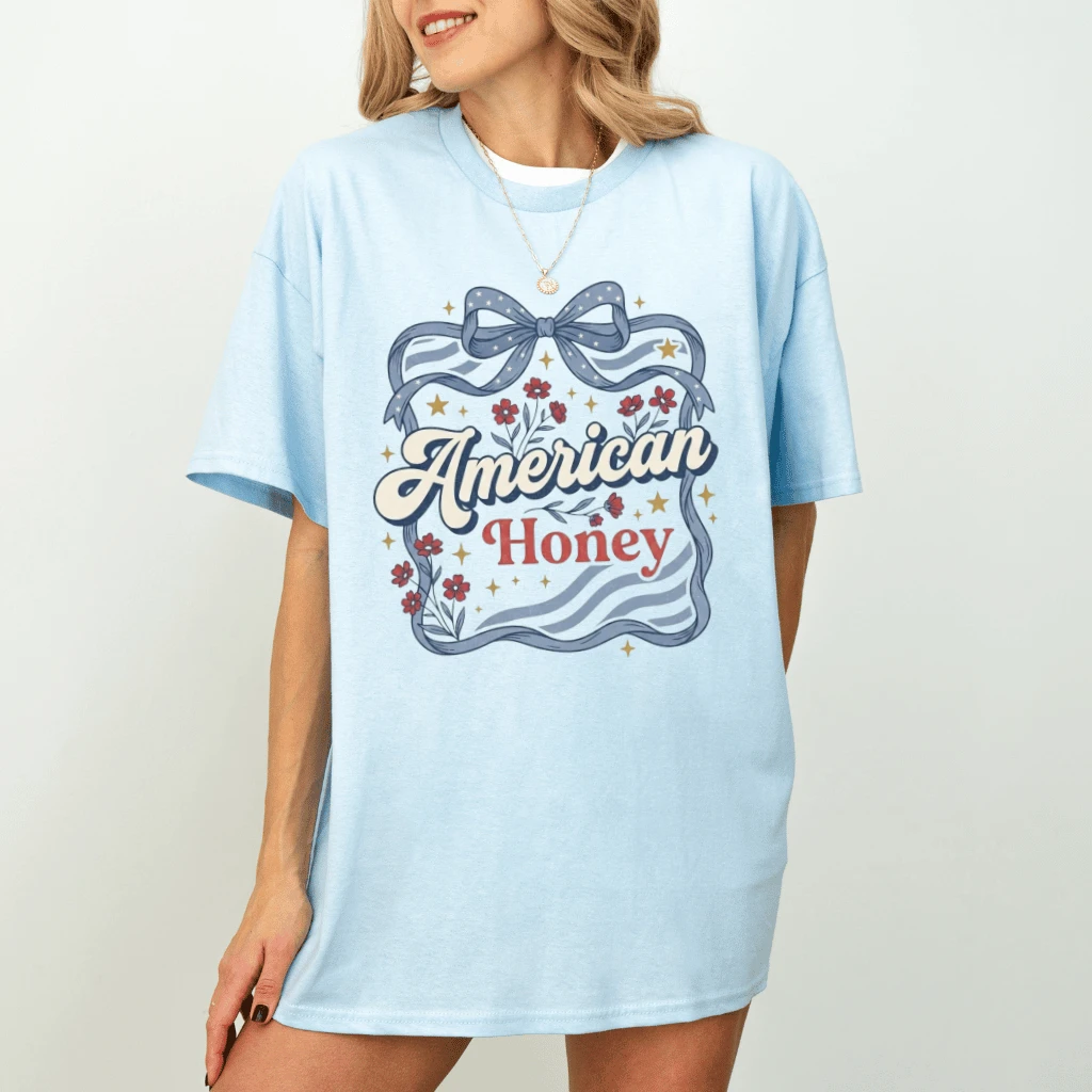 American Honey Coquette Bow T-Shirt – 4th of July Gift for Her, Patriotic Floral USA Aesthetic Tee - detail view
