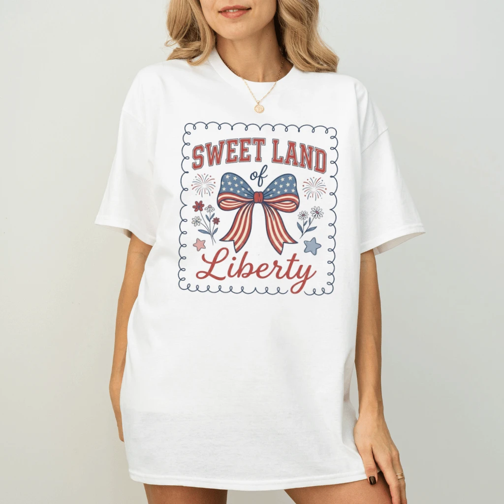 Sweet Land of Liberty T-Shirt – 4th of July Gift for Her, Patriotic Coquette Bow Floral USA Tee - back view