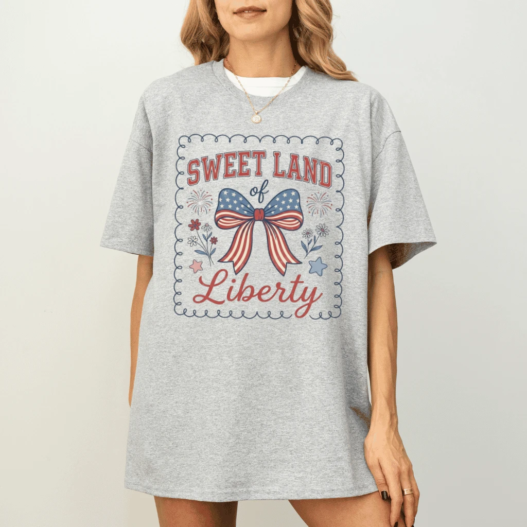 Sweet Land of Liberty T-Shirt – 4th of July Gift for Her, Patriotic Coquette Bow Floral USA Tee - detail view