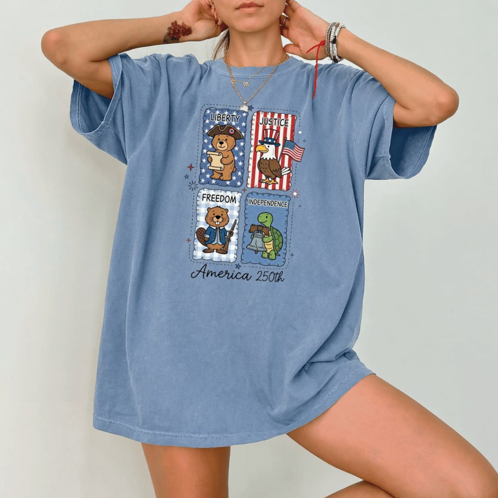 America 250th Cute Stamp Comfort Colors Shirt – 4th of July Gift for Her, Freedom Independence Patriotic Tee - back view