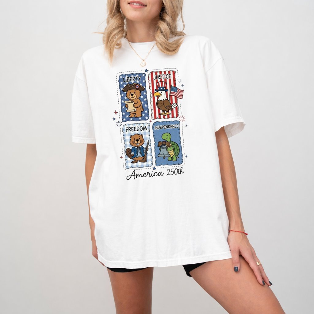 America 250th Cute Stamp Comfort Colors Shirt – 4th of July Gift for Her, Freedom Independence Patriotic Tee - detail view