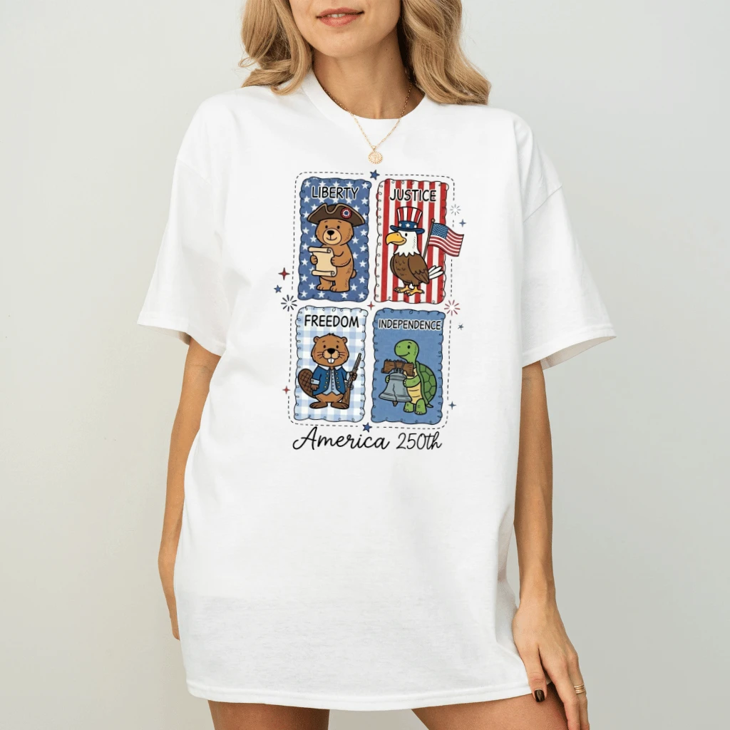 America 250th Cute Stamp T-Shirt – 4th of July Gift for Her, Freedom Independence Patriotic Tee - back view
