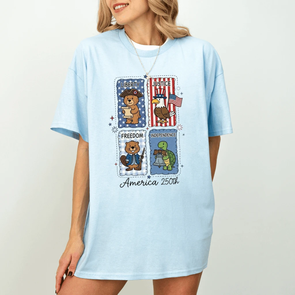America 250th Cute Stamp T-Shirt – 4th of July Gift for Her, Freedom Independence Patriotic Tee - detail view